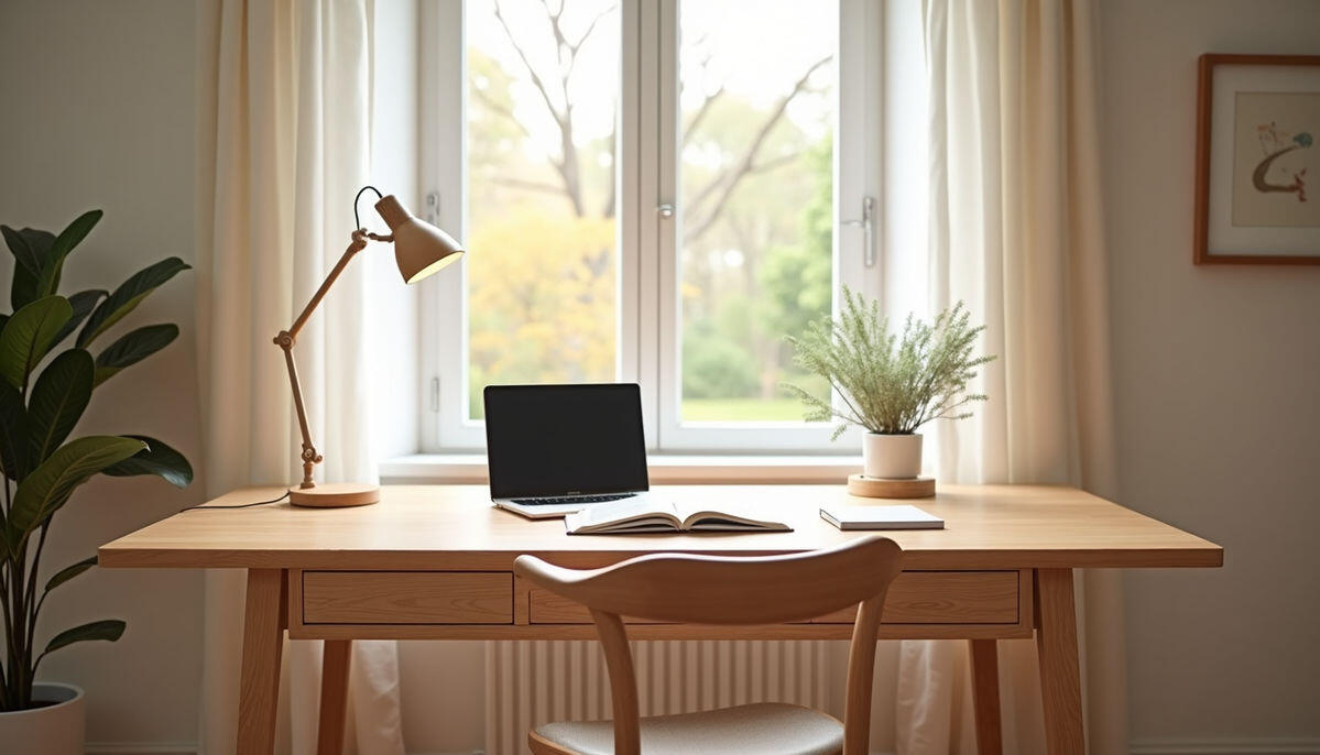 Jasne biurko dębowe - przed oknem