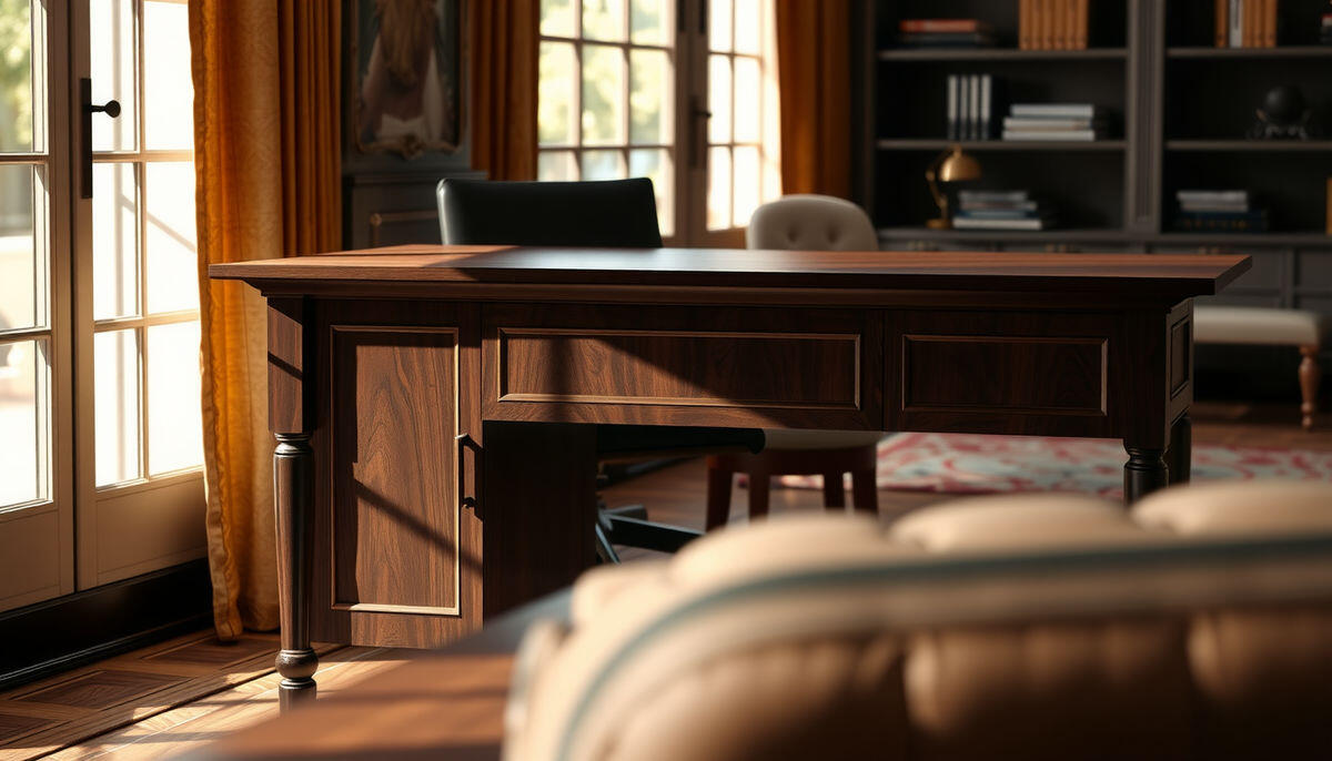 Elegant walnut wood desk - luxurious home office setting with classic design