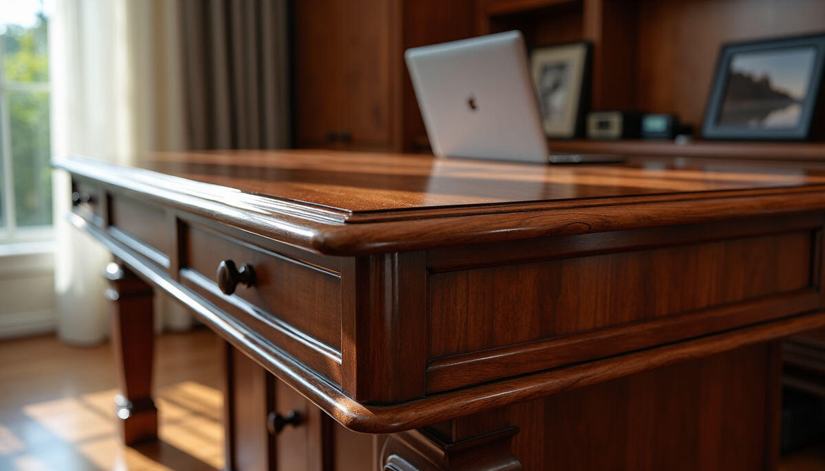 Elegant walnut wood desk in rich chocolate brown color with distinctive grain patterns.